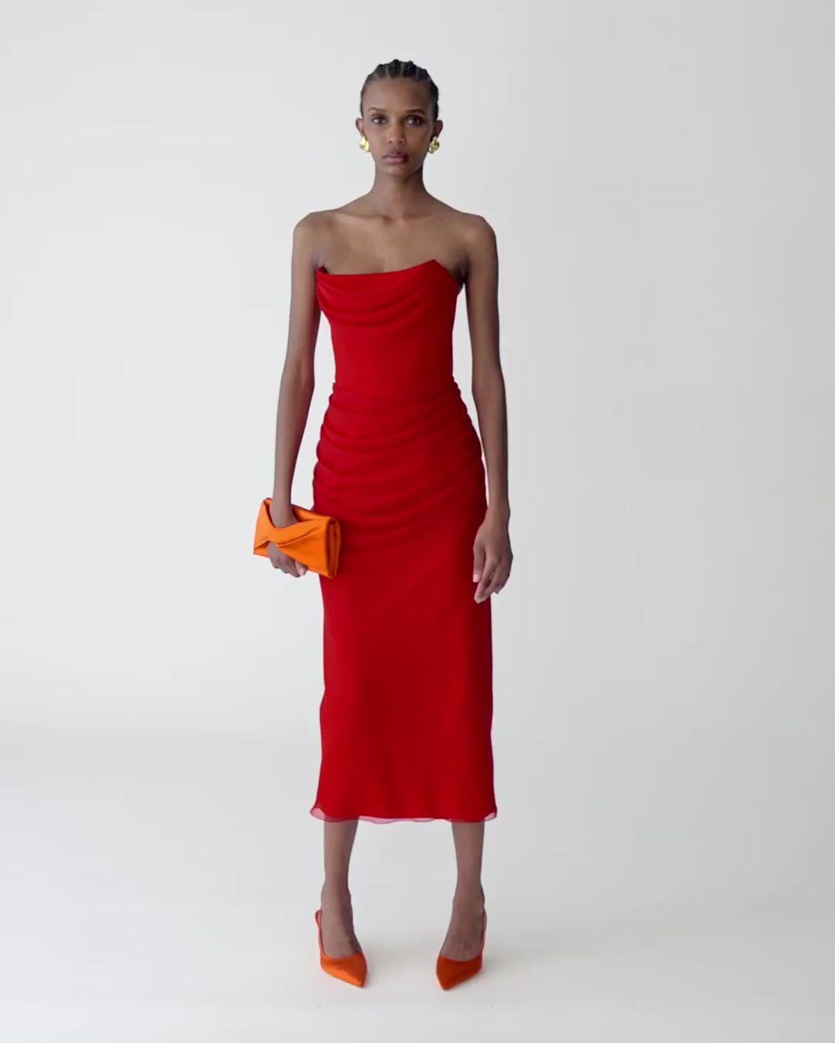 knee length dresses for ladies Lace Trim Strapless Gathered Detail Midi Dress In Red – Infinity Raine main image 1