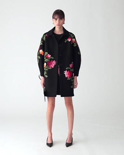 carolina herrera embroidered floral shift dress Floral Embroidered Stretch Wool Shift Dress In Black